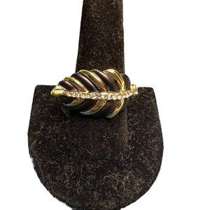 Roberto by RFM Gold plated Ring Leaf Black enamel clear cz stones size 9  NEW